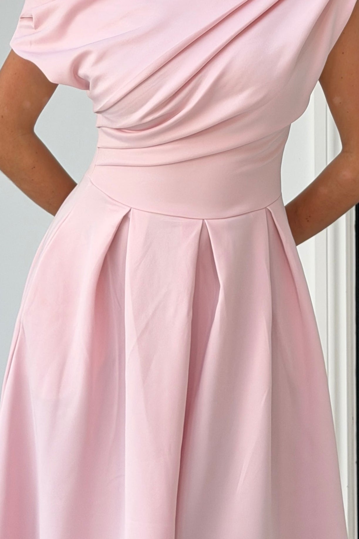 Girl In Mind Betty Asymmetric Neckline Skater Midi Pink in Pink close-up detail