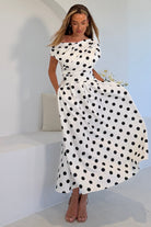 Girl In Mind Betty Asymmetric Neckline Polka Midi Dress Polka detail view
