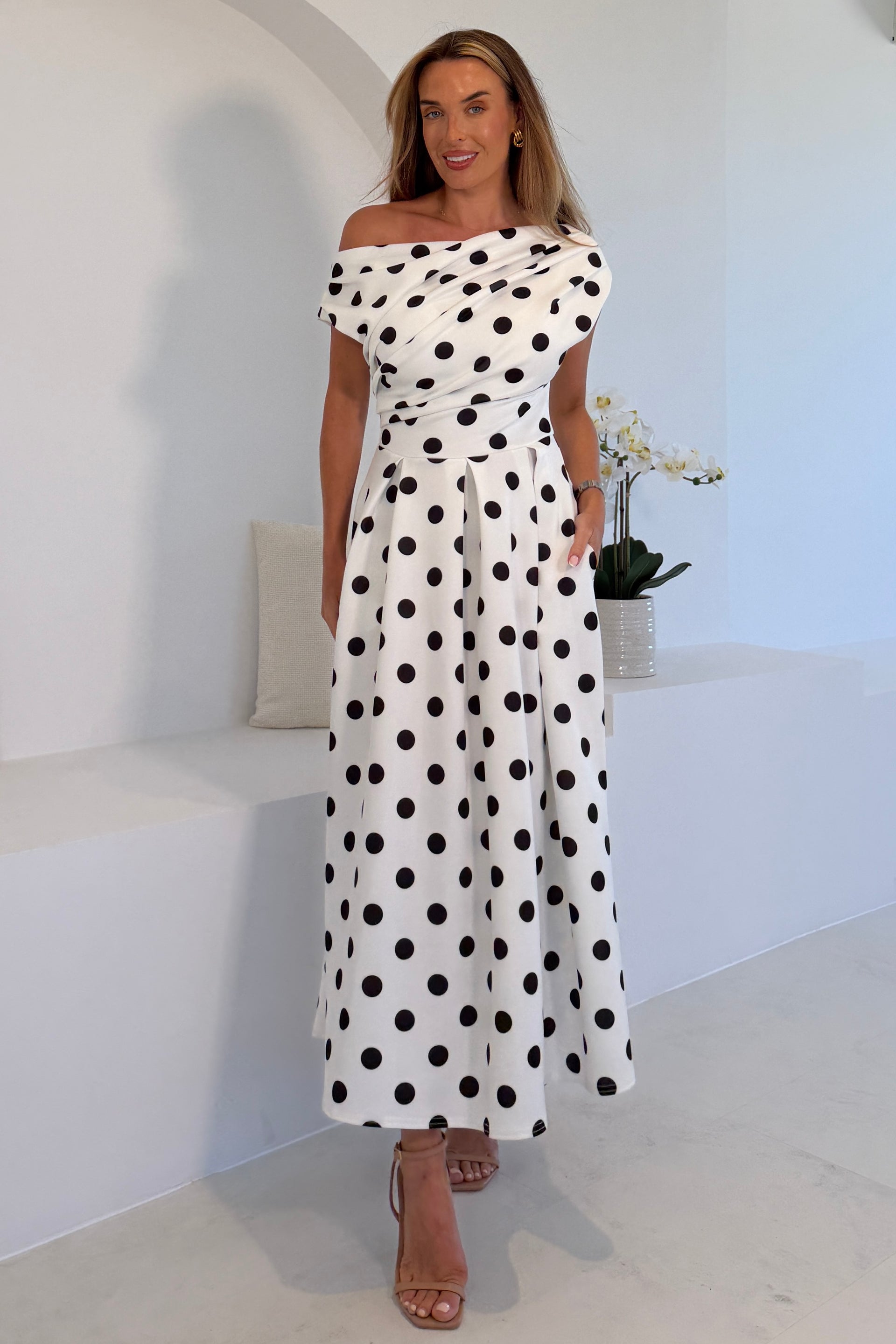 Ladies Betty Asymmetric Neckline Polka Midi Dress-Model Front View