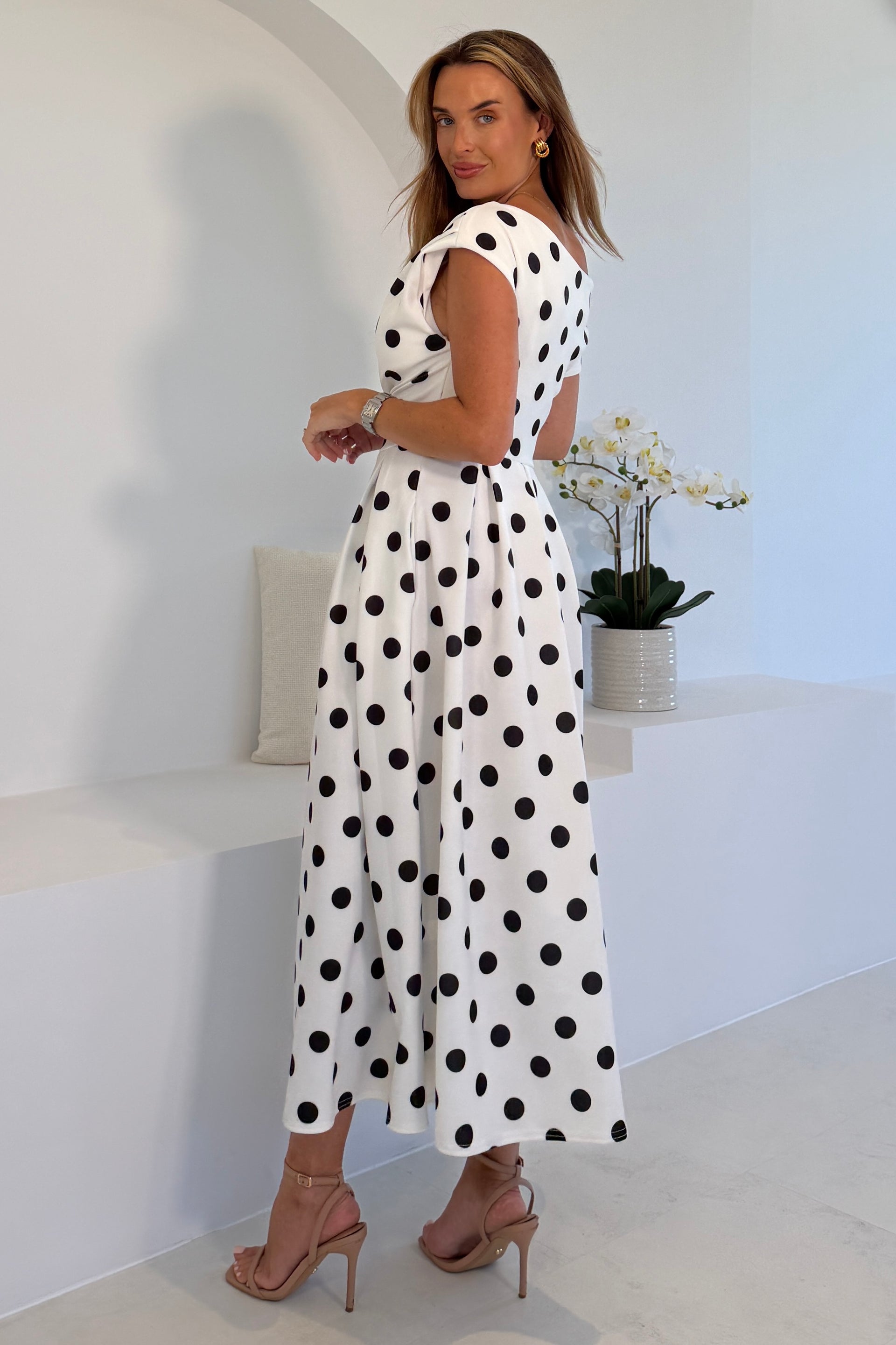 Ladies Betty Asymmetric Neckline Polka Midi Dress-Back View