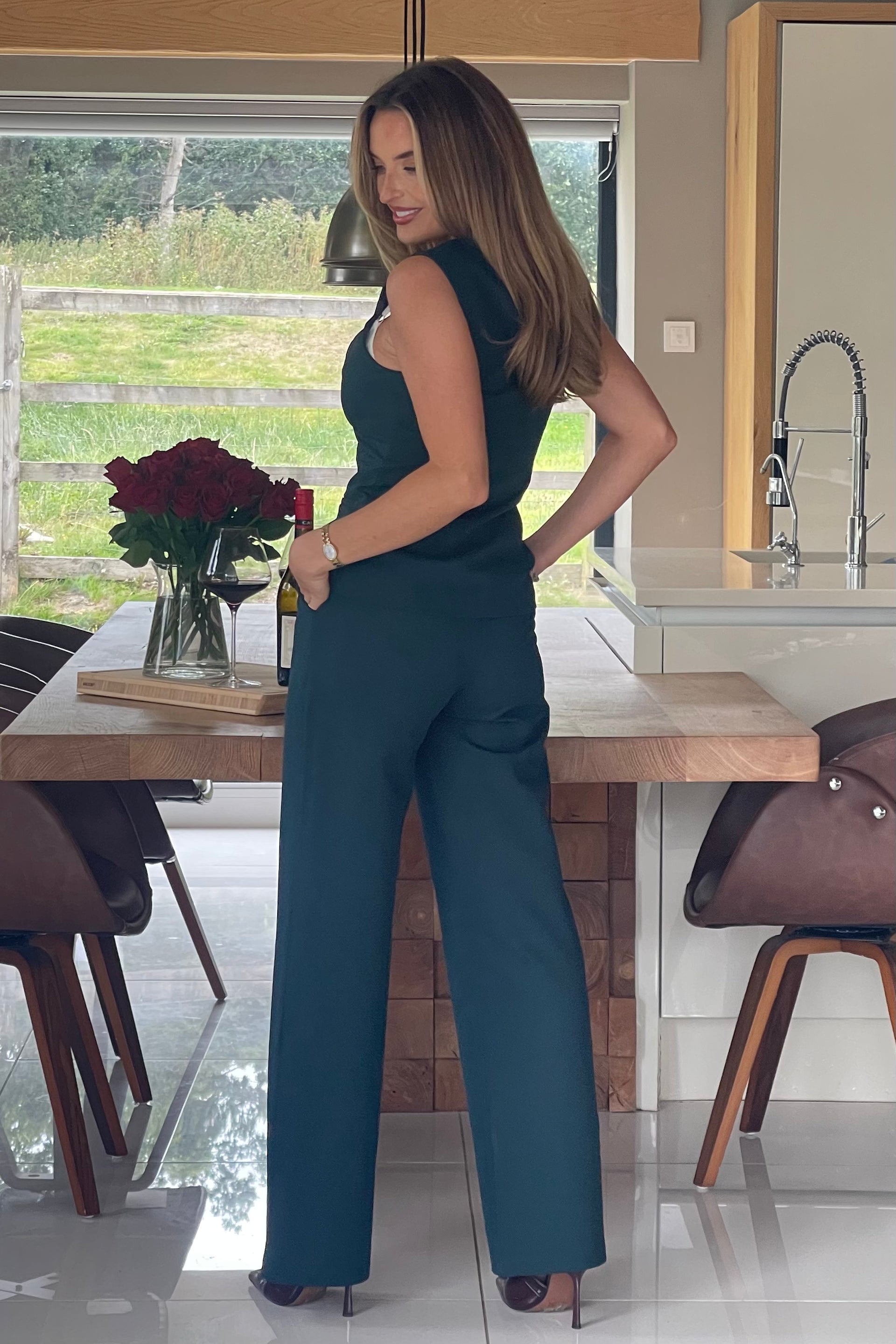 Ladies Jamie Emerald Green Waistcoat With Square Neckline-Model Back View