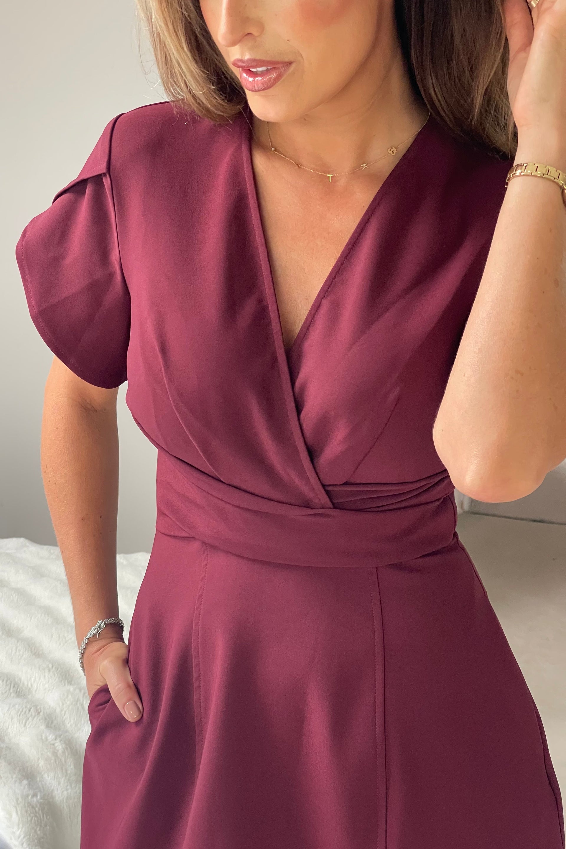 Ladies Bridget Twist Font Split Arm Mini Berry Dress-Close Up View