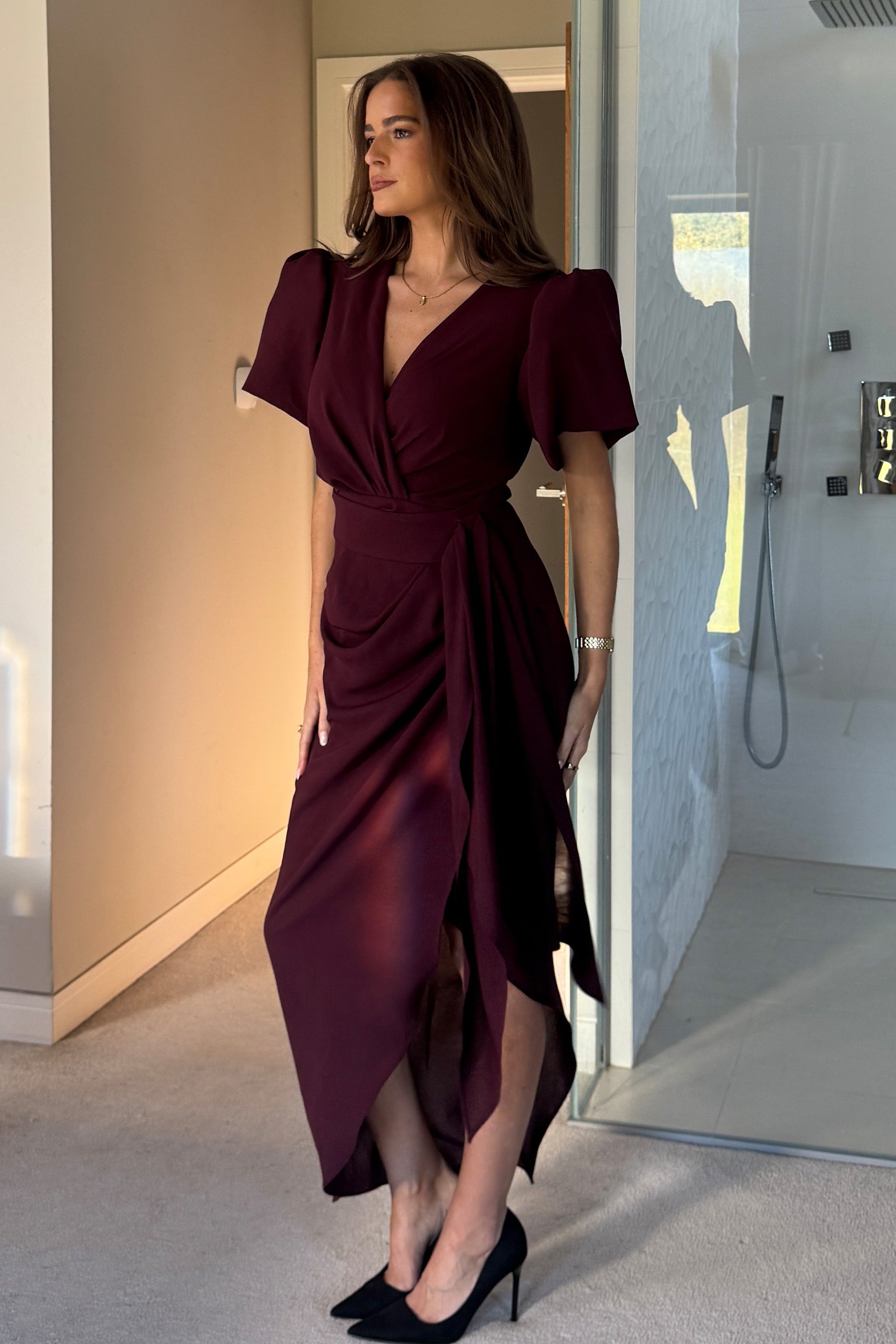 Ladies Drew Puff Sleeve Wrap Front Midi Dress Plum-Side View