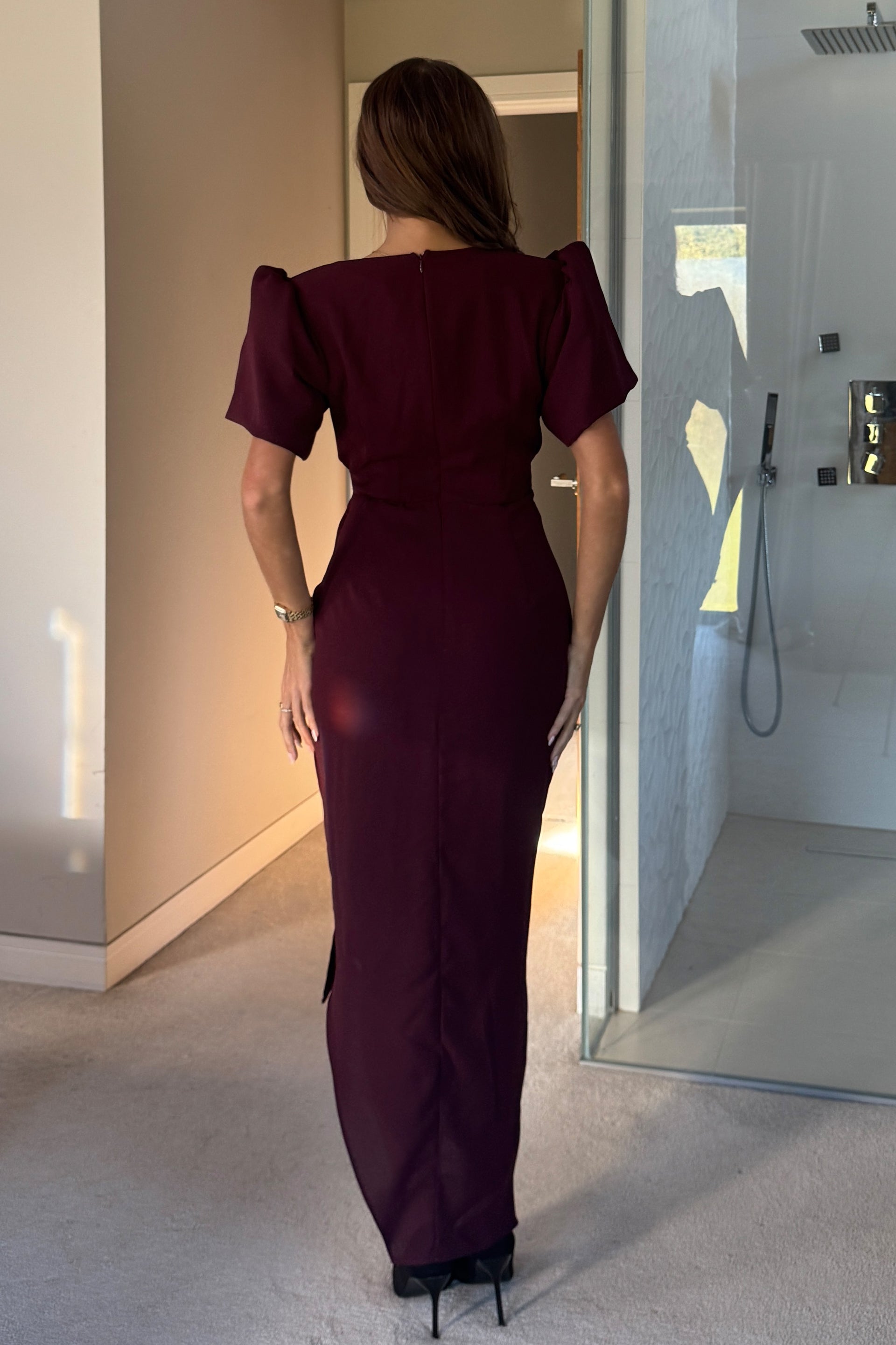 Ladies Drew Puff Sleeve Wrap Front Midi Dress Plum-Back View
