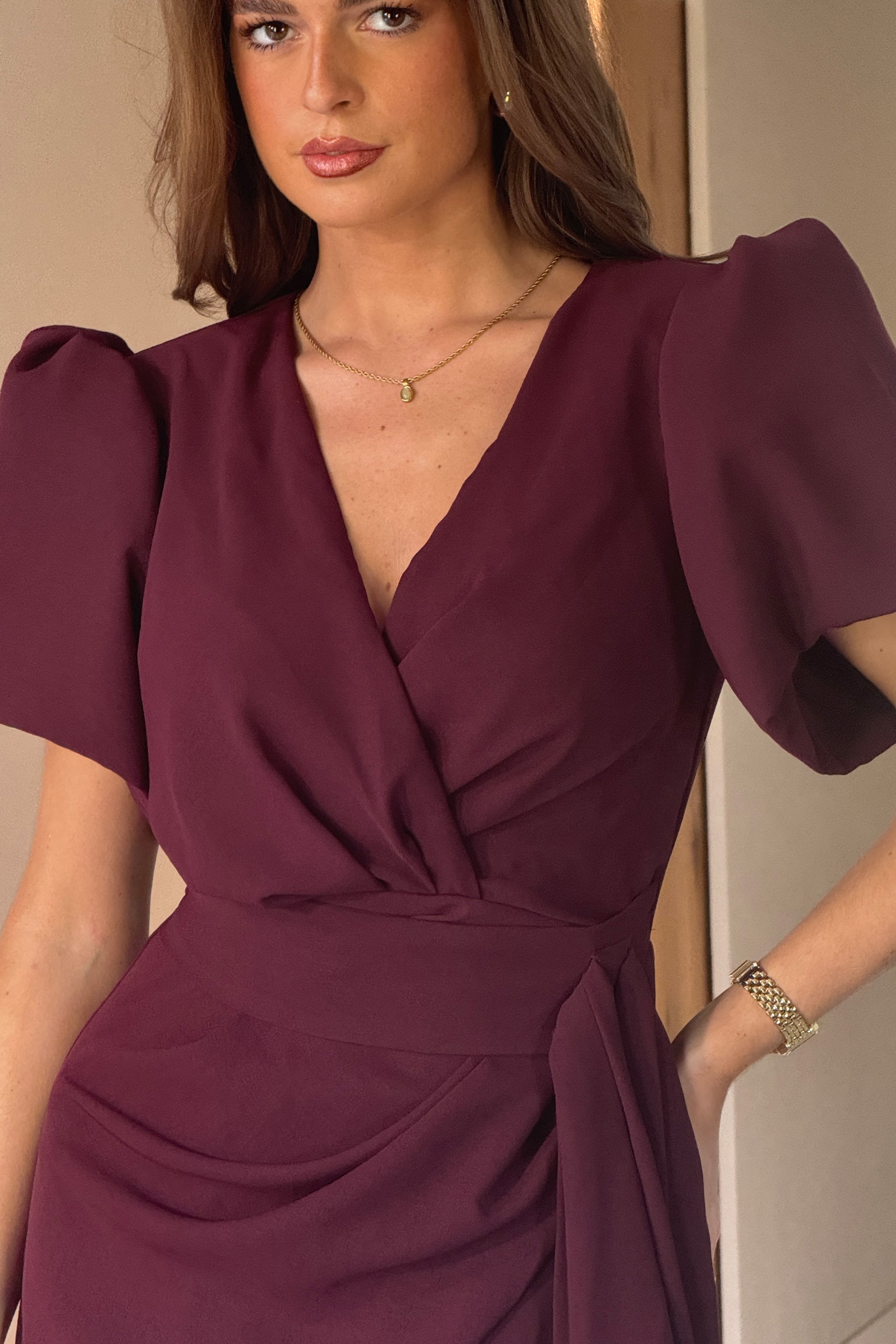Ladies Drew Puff Sleeve Wrap Front Midi Dress Plum-Closer View of the Front & Sleeves