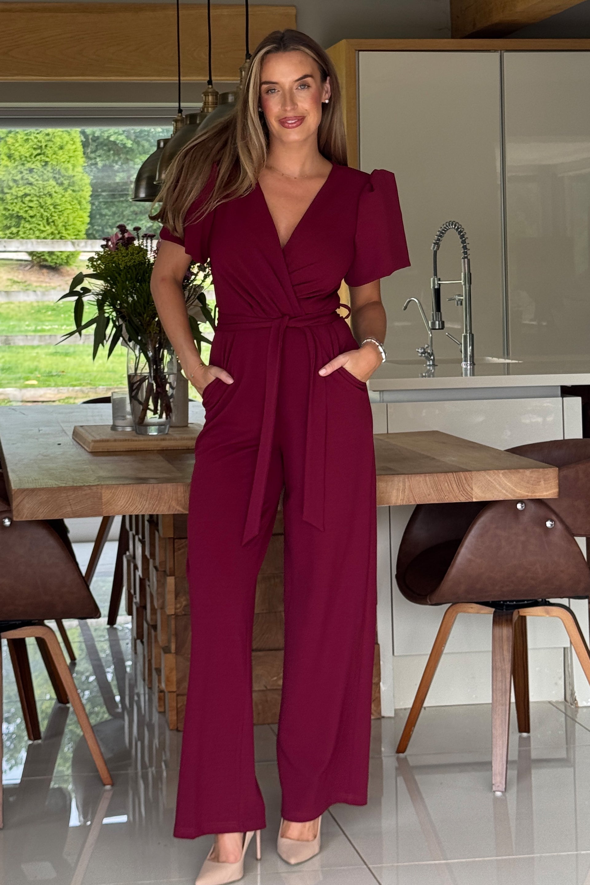 Ladies Drew Wrap Neck Puff Sleeve Berry Jumpsuit-Model Front View