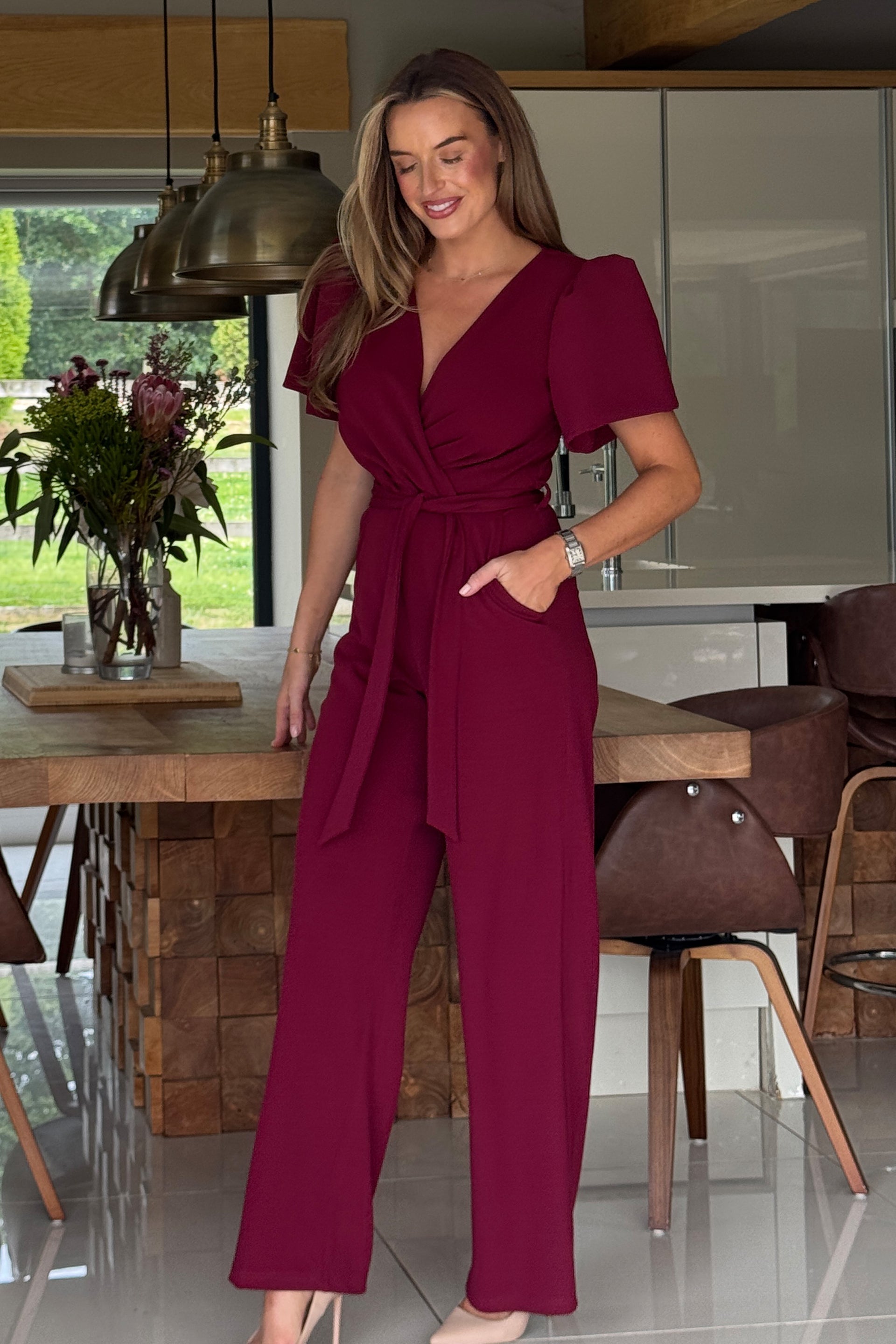 Ladies Drew Wrap Neck Puff Sleeve Berry Jumpsuit-Side View