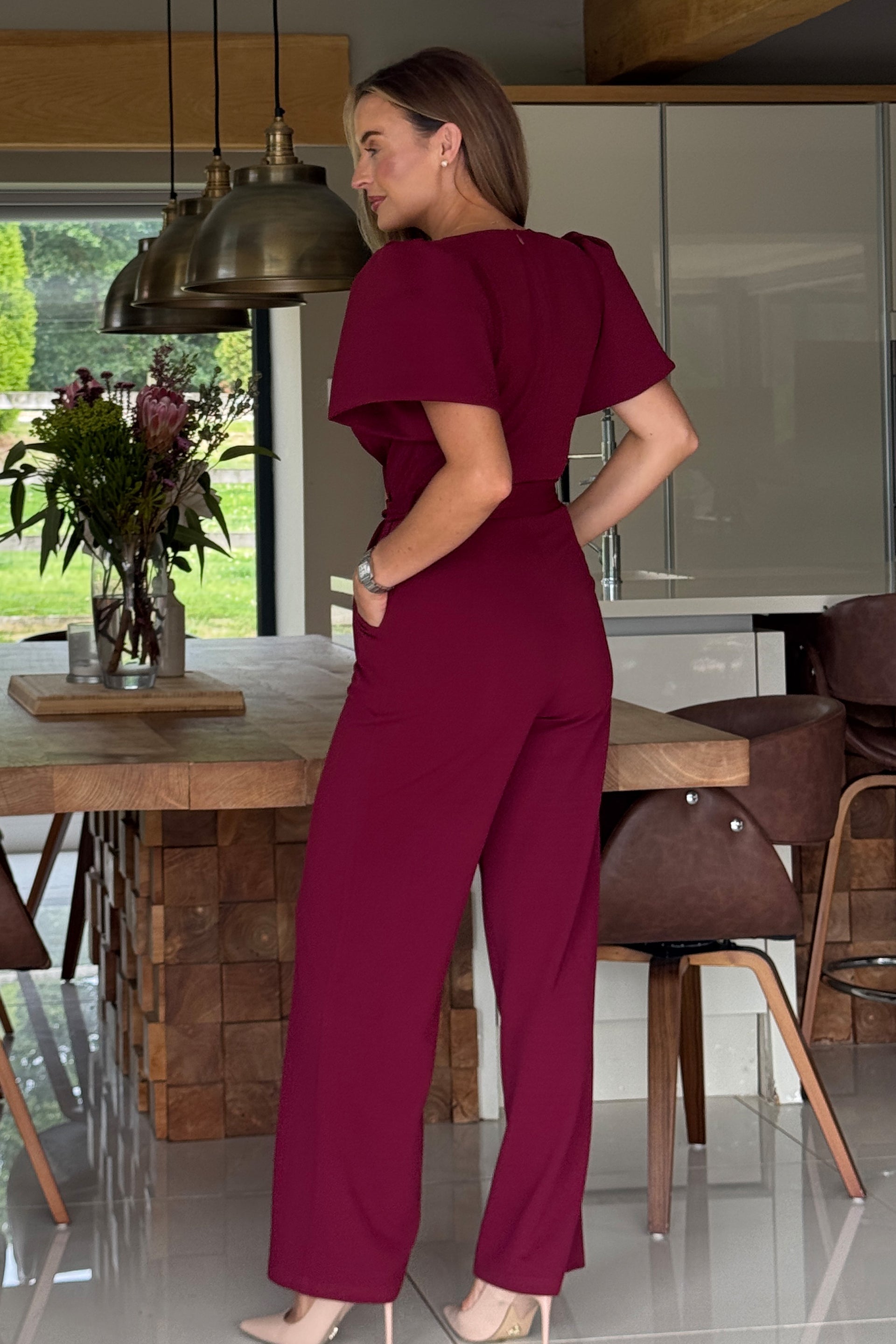 Ladies Drew Wrap Neck Puff Sleeve Berry Jumpsuit-Back View