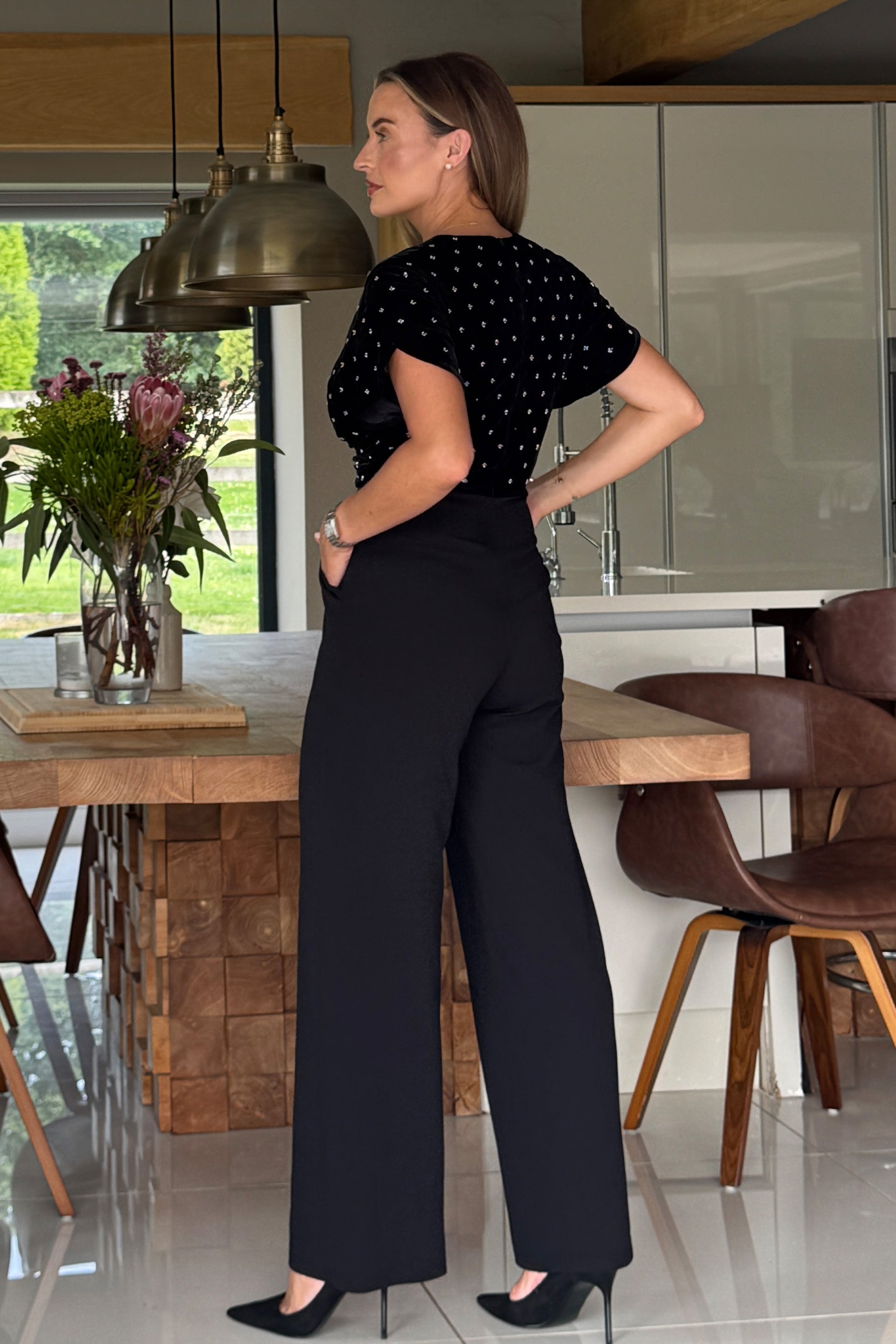Ladies Bridget Twist Font Split Arm Jumpsuit Beaded Velvet-Back View