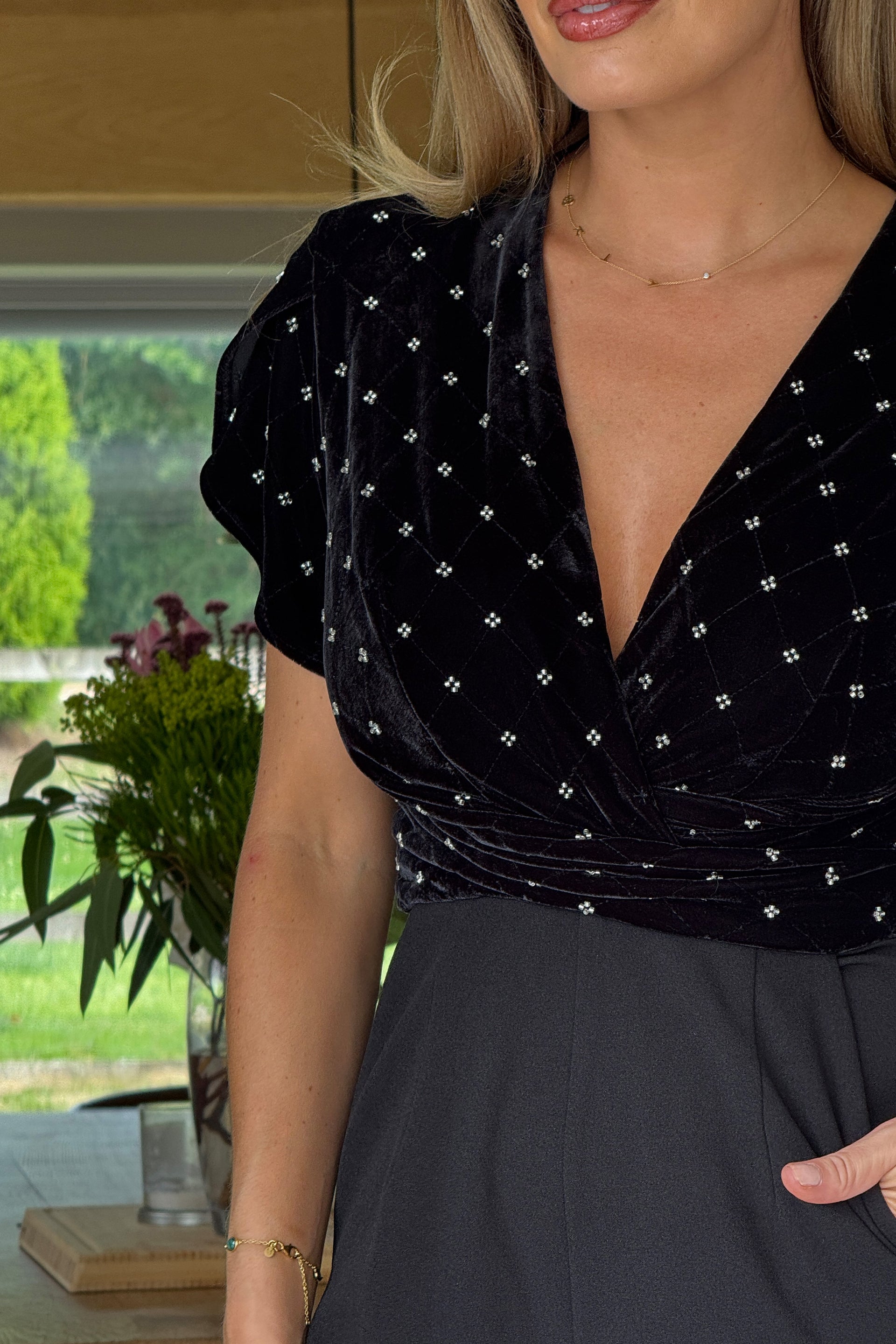 Ladies Bridget Twist Font Split Arm Jumpsuit Beaded Velvet-Closer Look at the Top Part