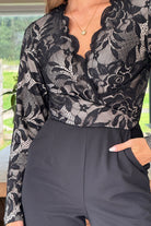 Girl In Mind Bridget Twist Front Long Sleeve Lace Jumpsuit BLACK model front view