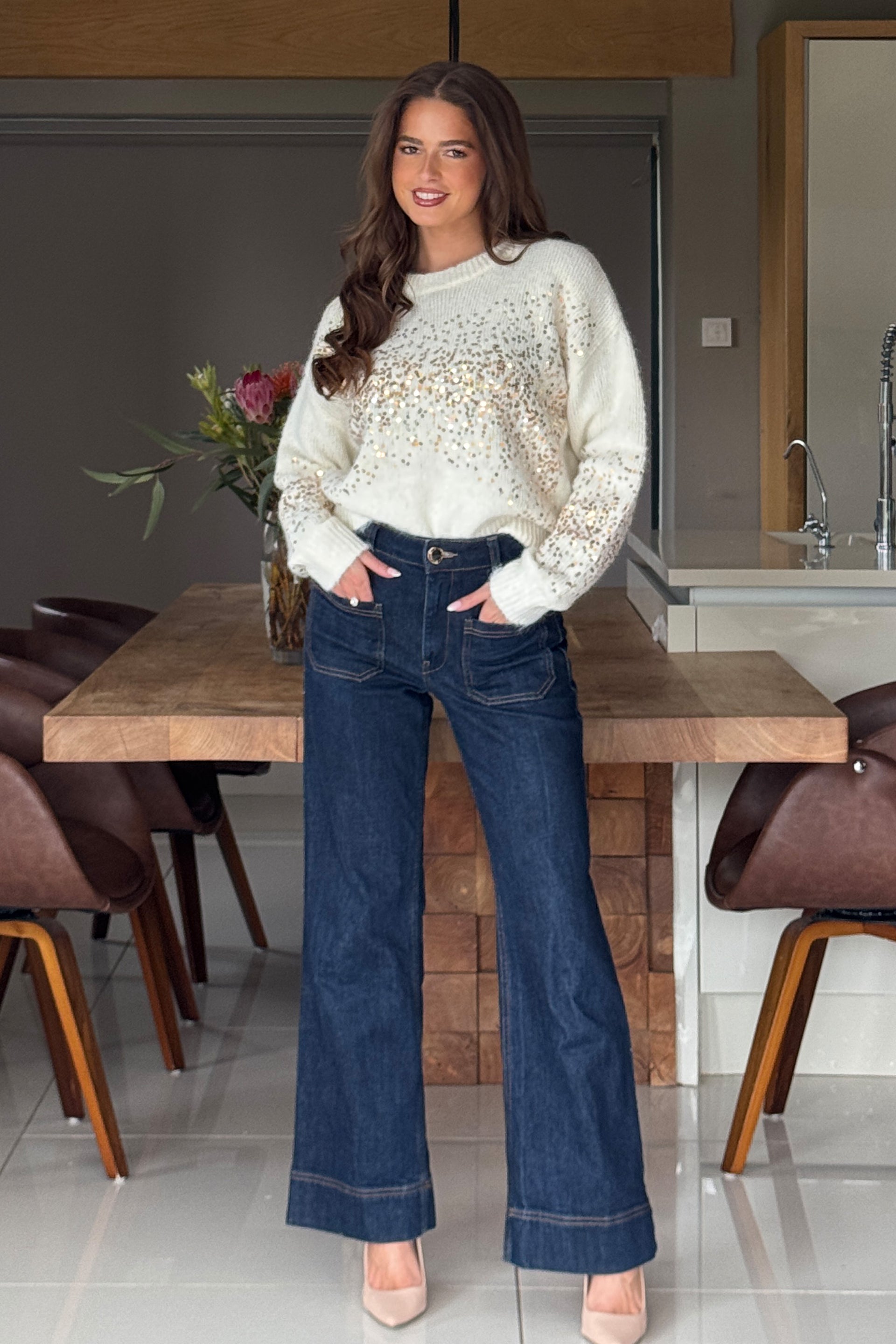 Ladies Hina Sequin Knit Cream Jumper-Model Full Front View