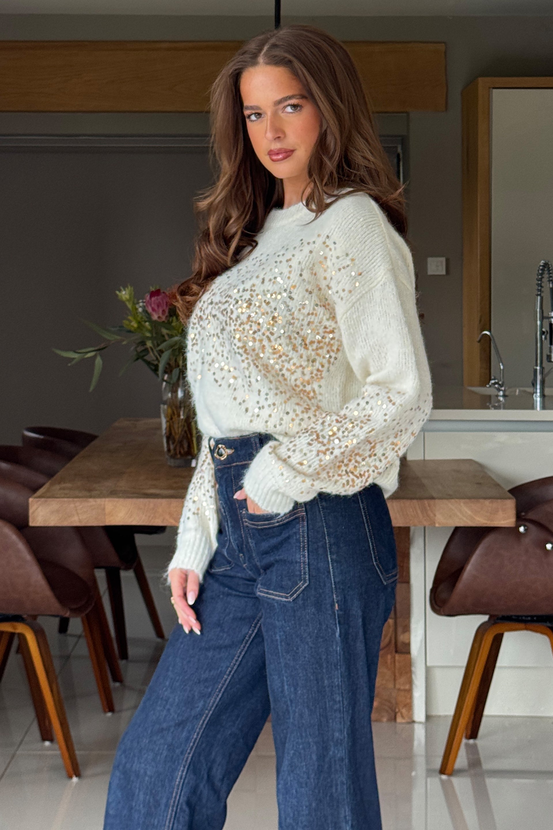 Ladies Hina Sequin Knit Cream Jumper-Side View