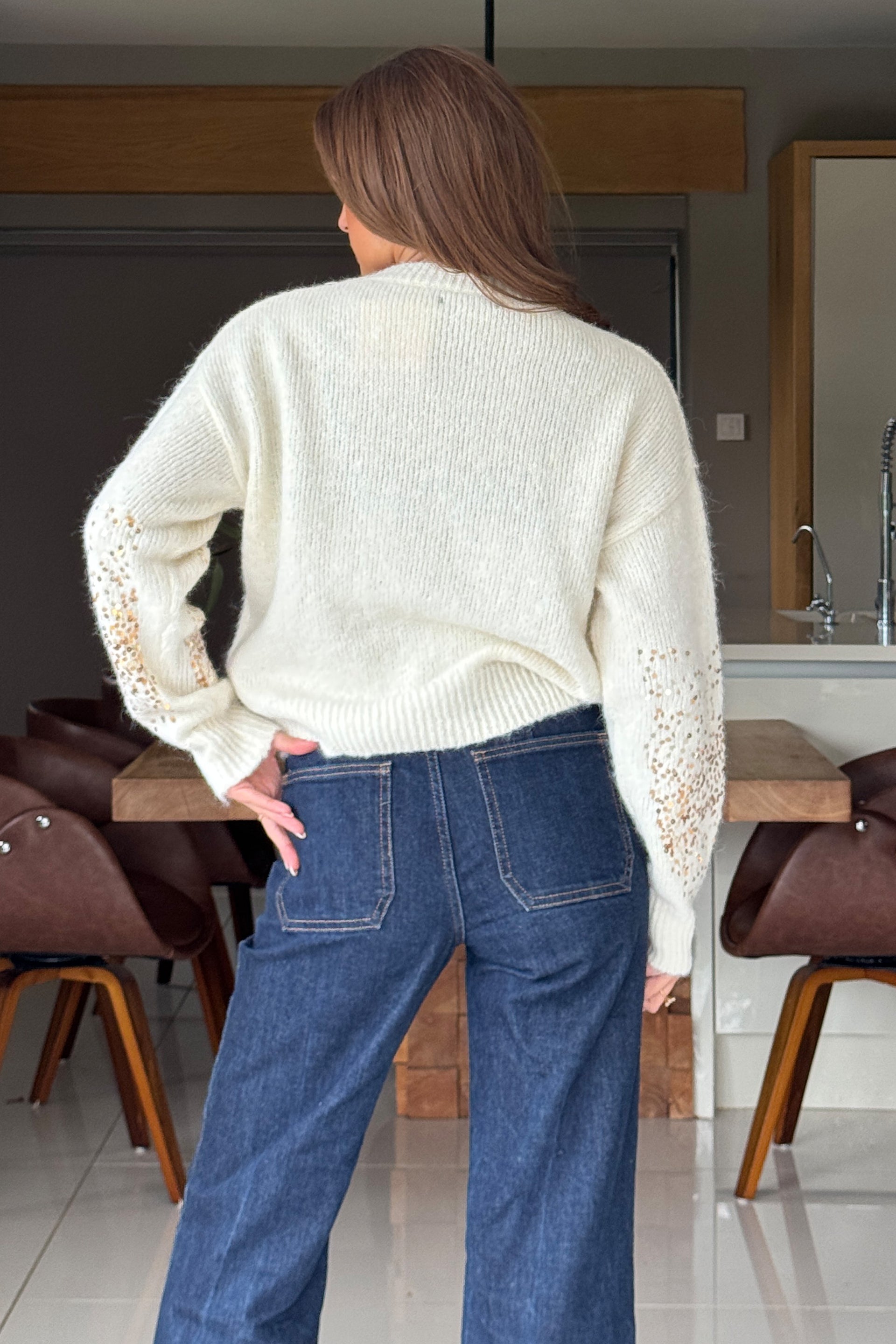 Ladies Hina Sequin Knit Cream Jumper-Back View