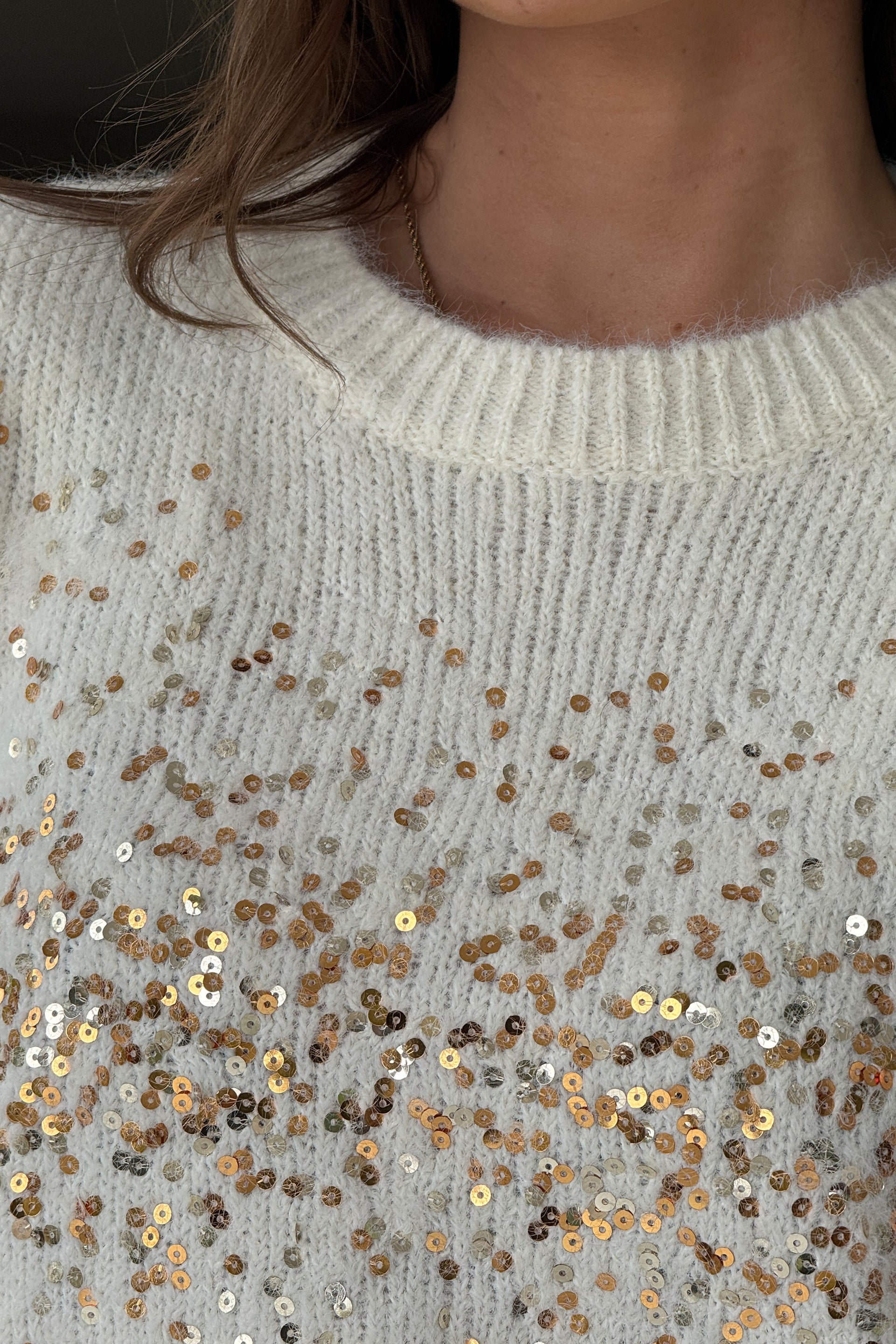 Ladies Hina Sequin Knit Cream Jumper-Closer View of Jumper
