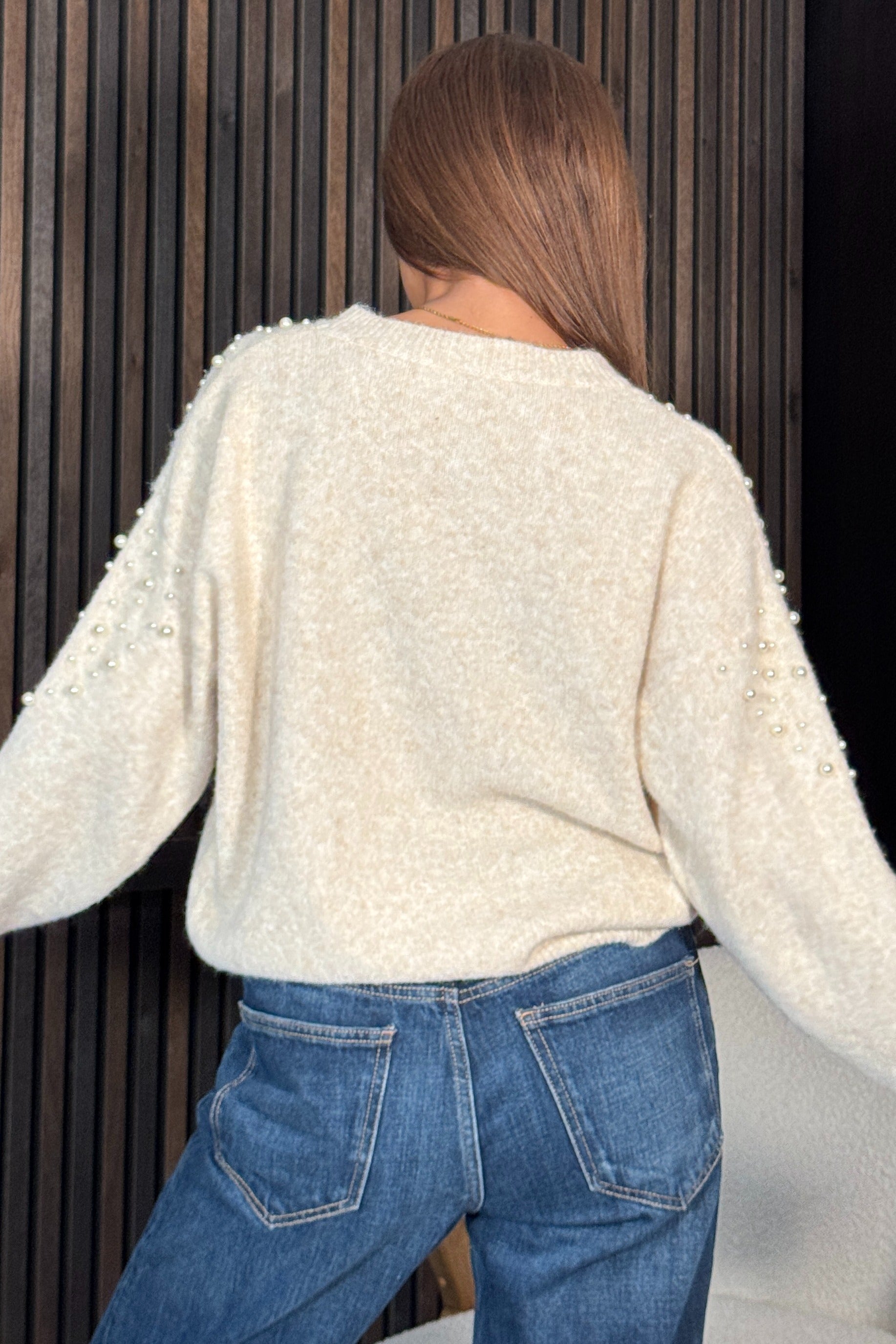 Ladies Rosaria Pearl Detail Round Neck Cream Jumper-Back View
