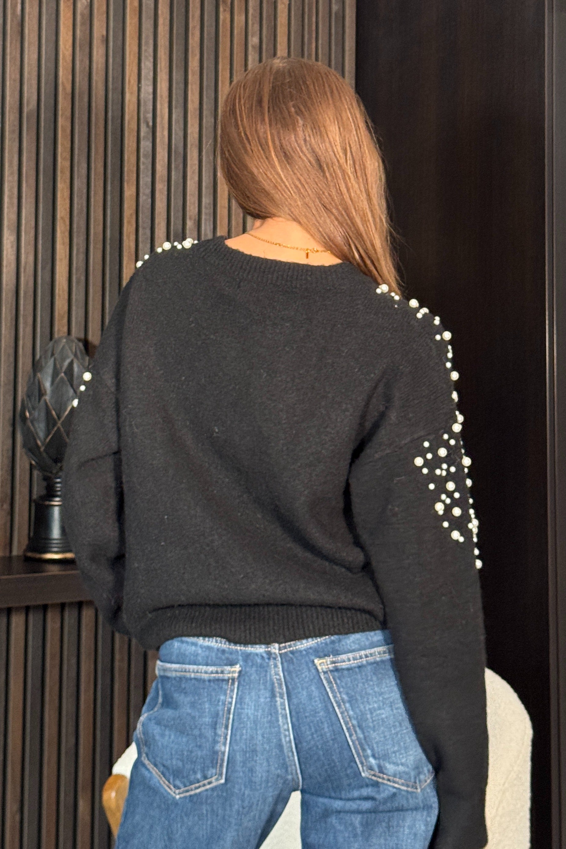 Ladies Rosaria Pearl Detail Round Neck Black Jumper-Back VIew