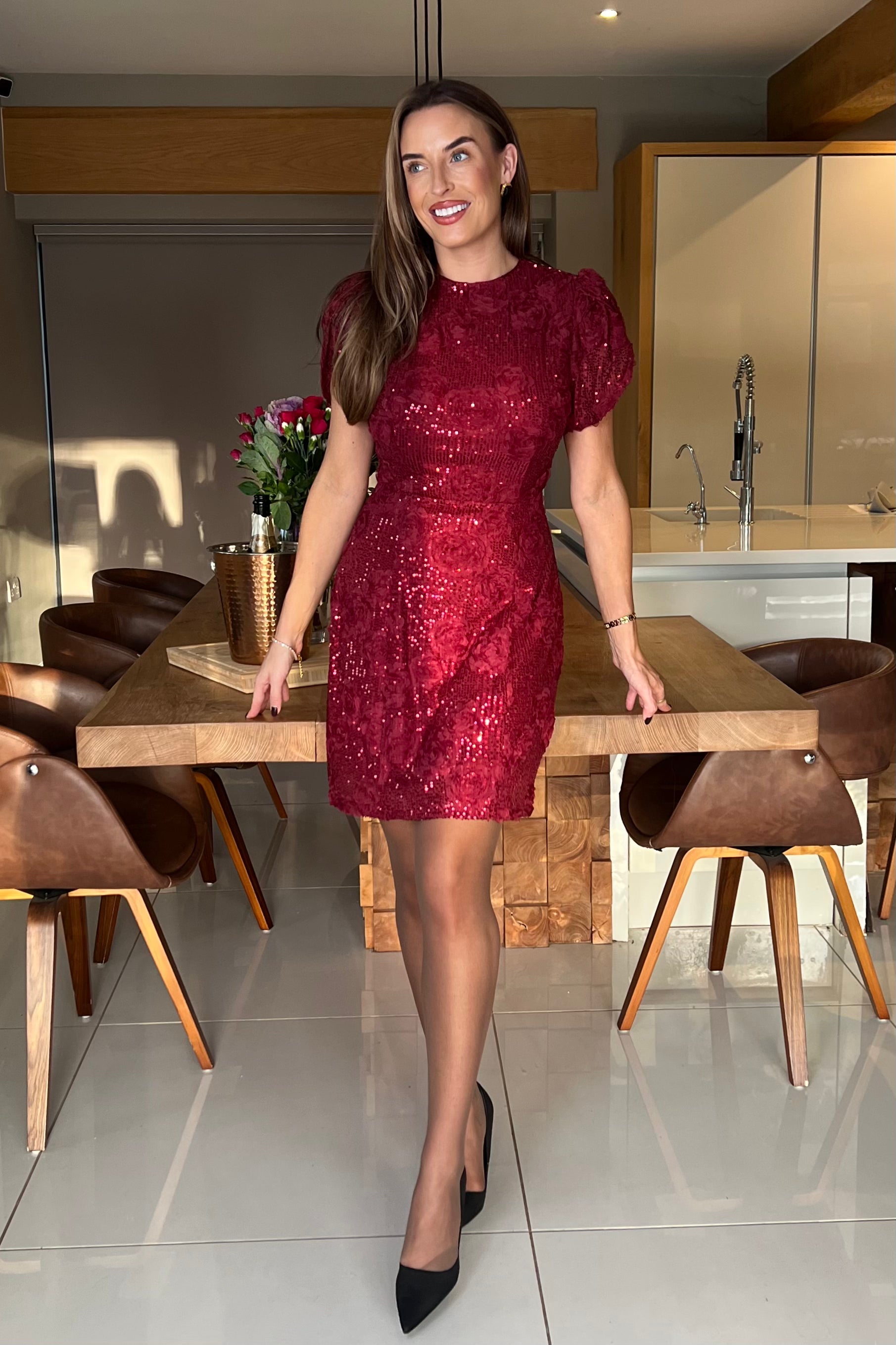 Ladies Ami Tulip Sleeve High Neck Mini Wine Dress 3D Floral-Model Front View