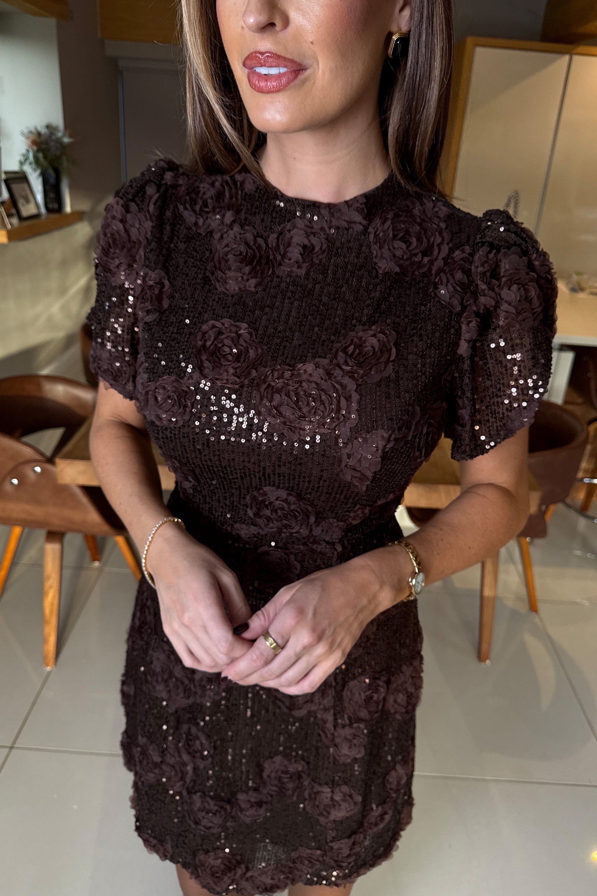 Ladies Ami Tulip Sleeve High Neck Mini Brown Dress 3D Floral-Close Up View