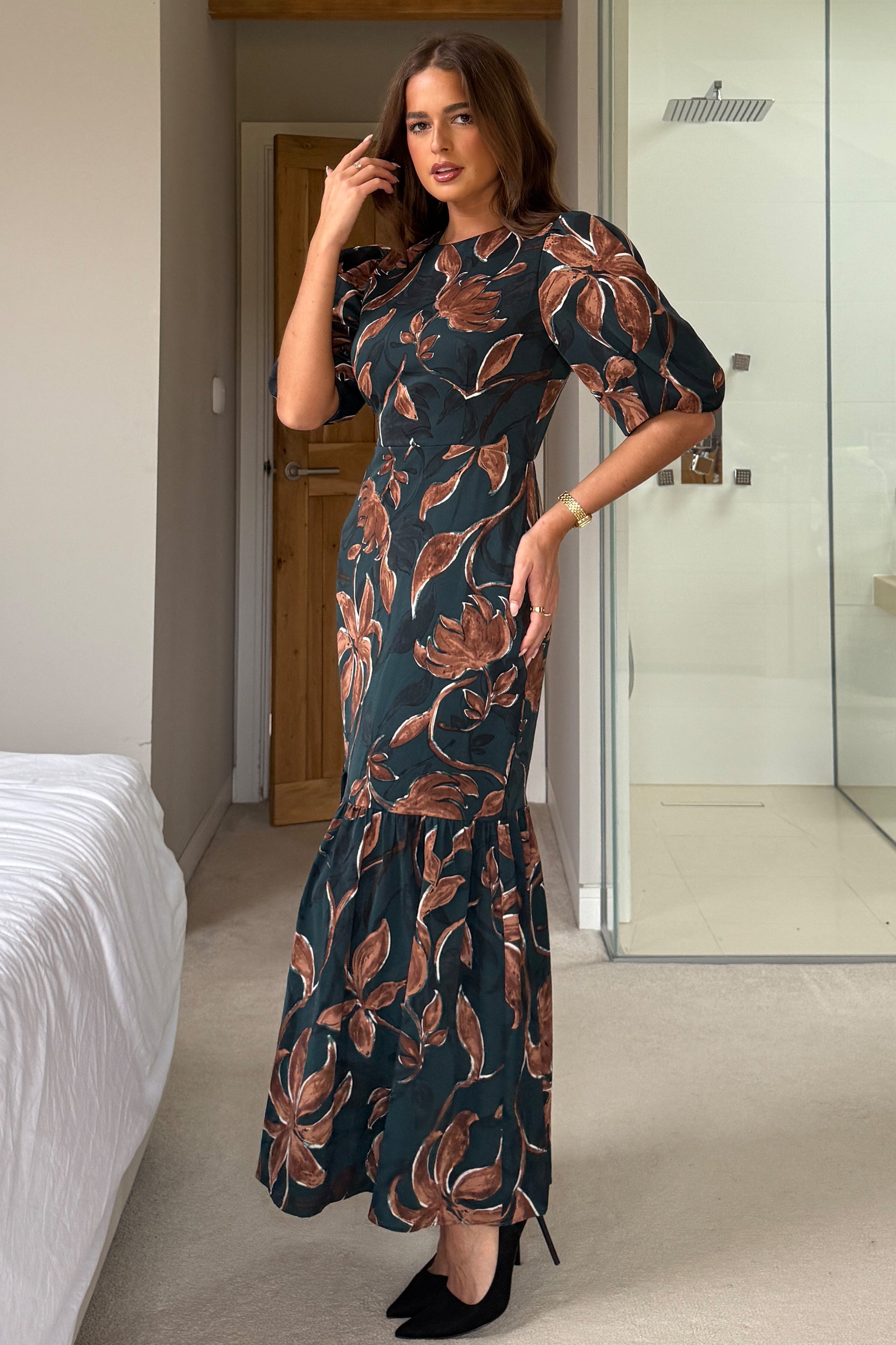 Ladies Briege Green Puff Sleeve Floral Ruffle Hem Midi Dress-Side View