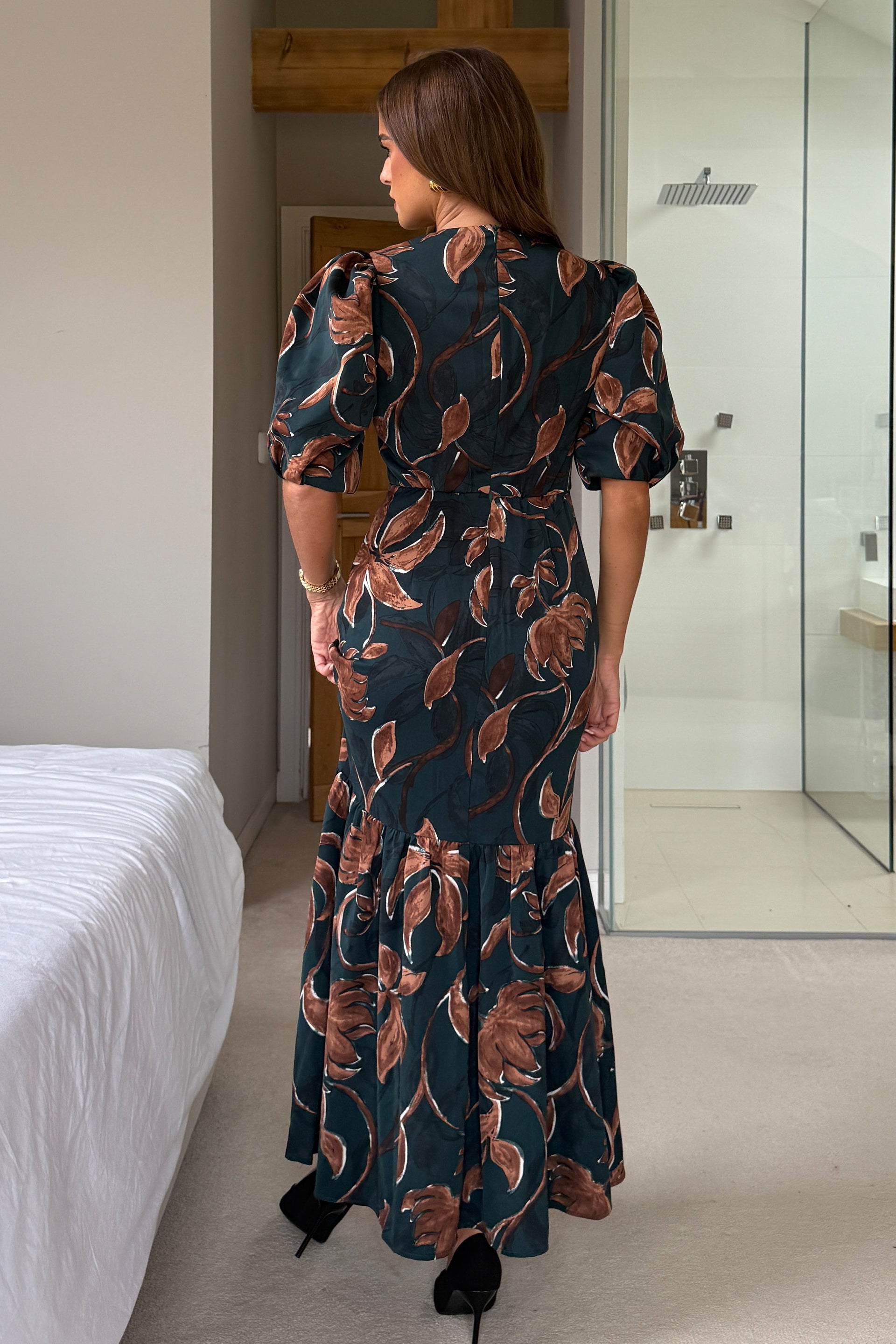 Ladies Briege Green Puff Sleeve Floral Ruffle Hem Midi Dress-Back View