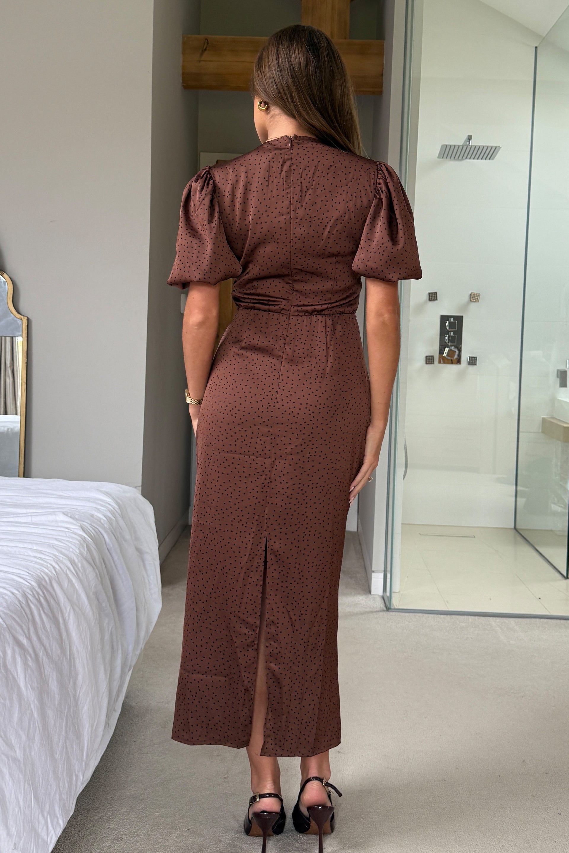 Ladies Clare V-Neck Ruched Detailing Brown Polka Midi Dress-Back View