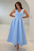 Girl In Mind Bethany blue V-neck skater midi dress, front angled model view