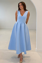 Girl In Mind Bethany blue V-neck skater midi dress, full - length front model view