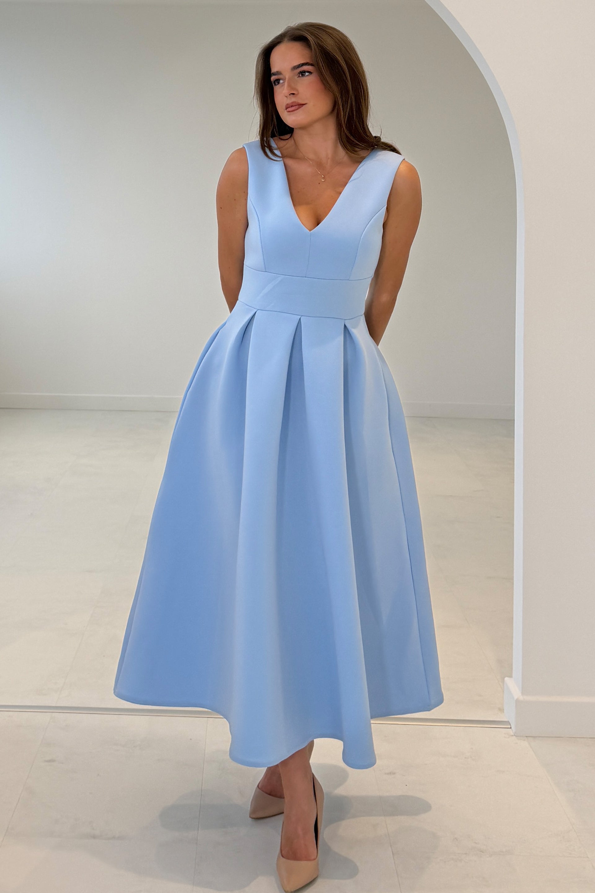 Girl In Mind Bethany blue V-neck skater midi dress, full - length front model view