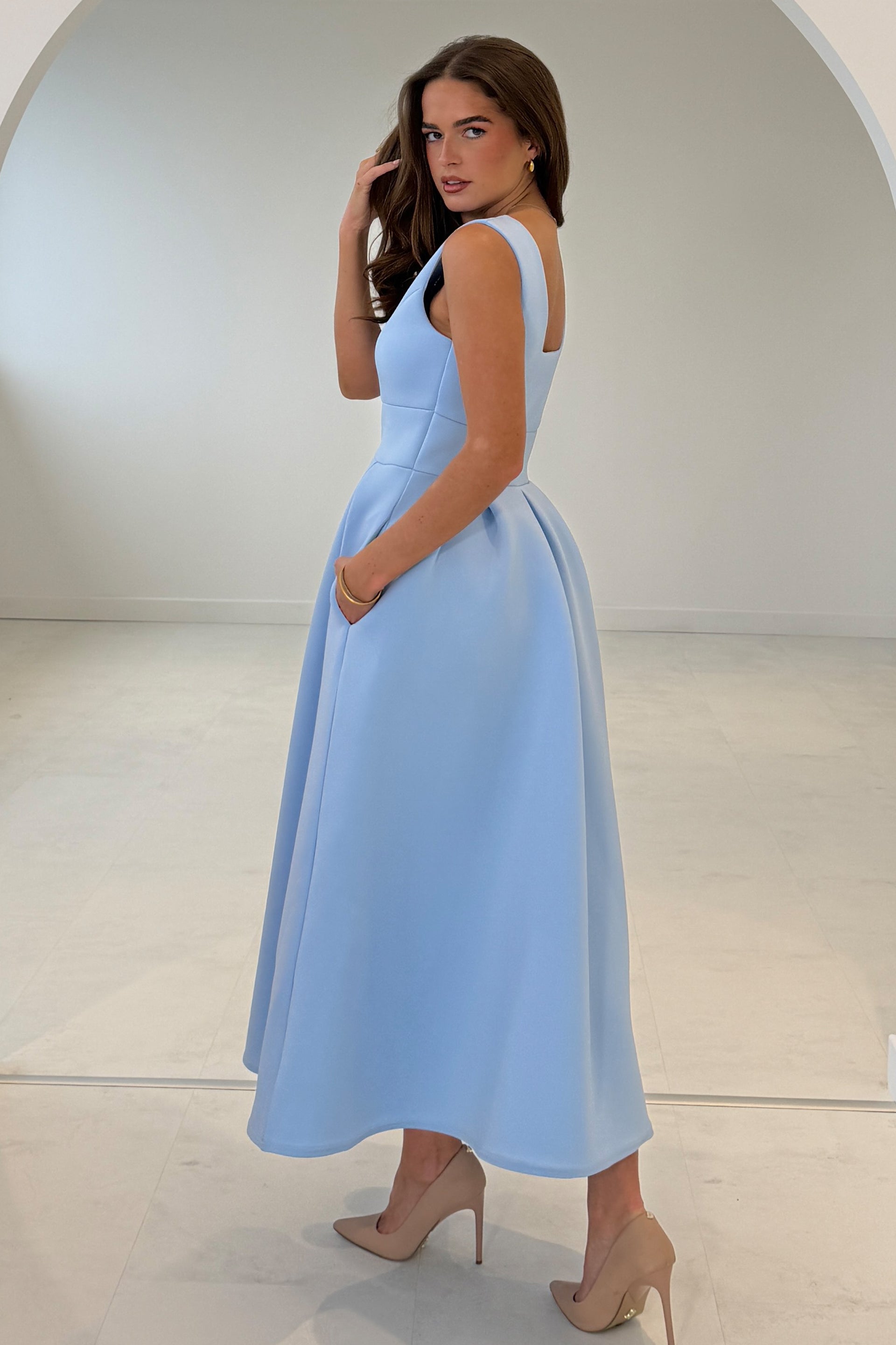 Girl In Mind Bethany blue V-neck skater midi dress, side and back model view