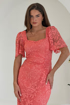 Girl In Mind Heidi Lace Ruched Midi Peach Dress Peach model front view