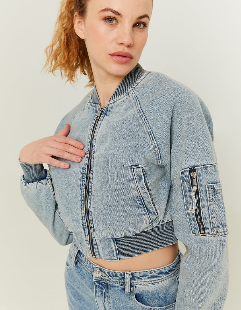 Ladies Cropped Denim Bomber Jacket-Closer View of Front