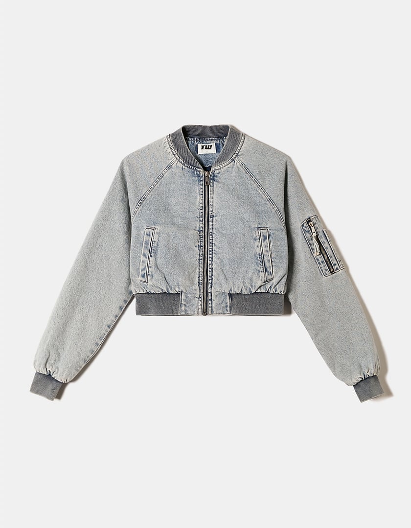 Ladies Cropped Denim Bomber Jacket-Ghost Front View