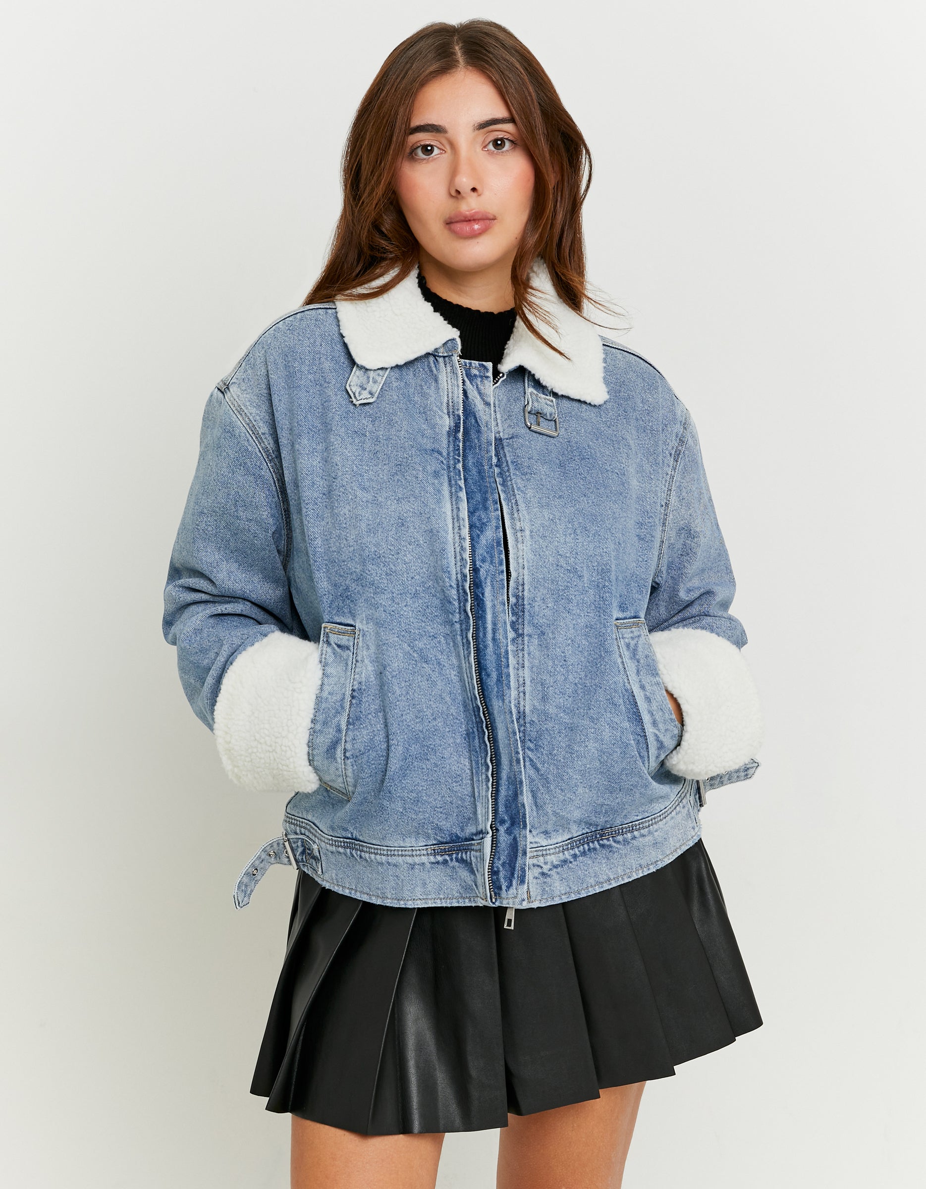 Ladies Denim Jacket With Shearling Details-Model Front View