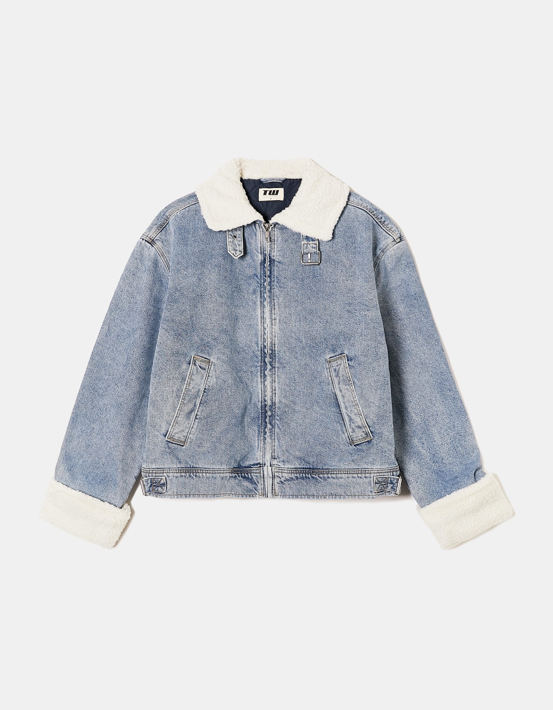 Ladies Denim Jacket With Shearling Details-Ghost Front View