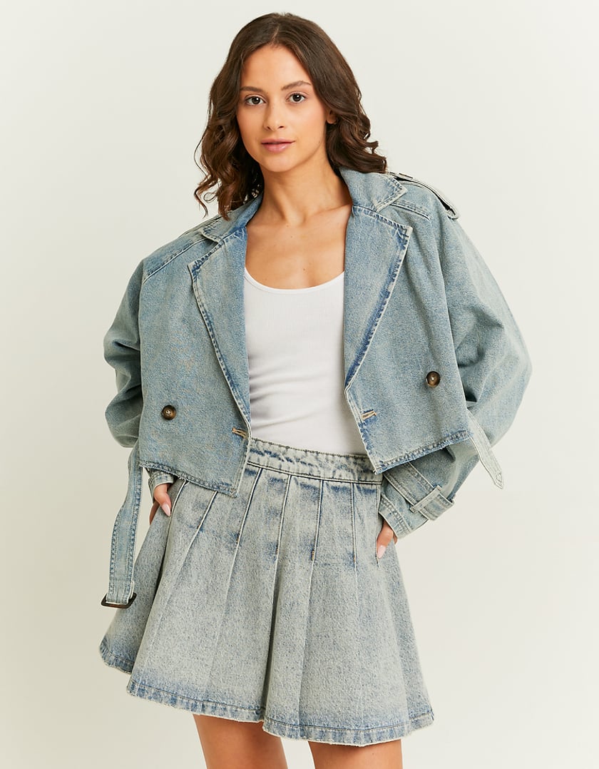 Ladies Cropped Denim Trench Jacket-Model Front View