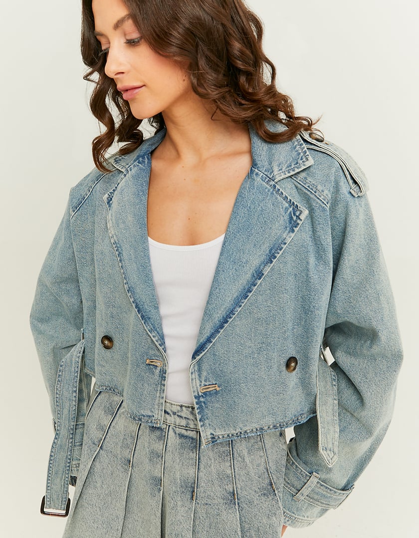 Ladies Cropped Denim Trench Jacket-Clsoer View of Front