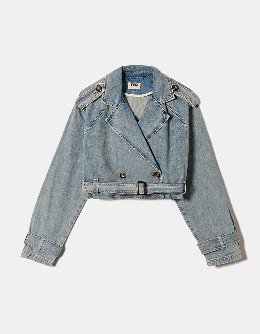 Ladies Cropped Denim Trench Jacket-Front View