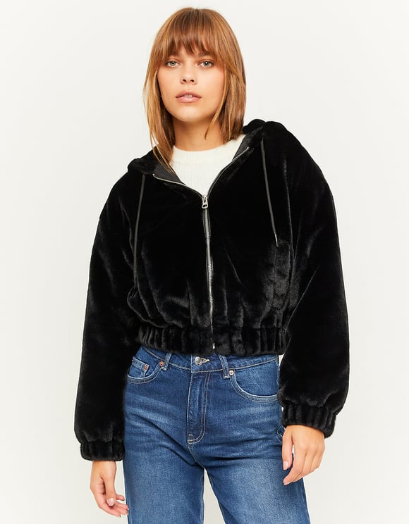 Ladies Black Faux Fur Jacket-Model Front View