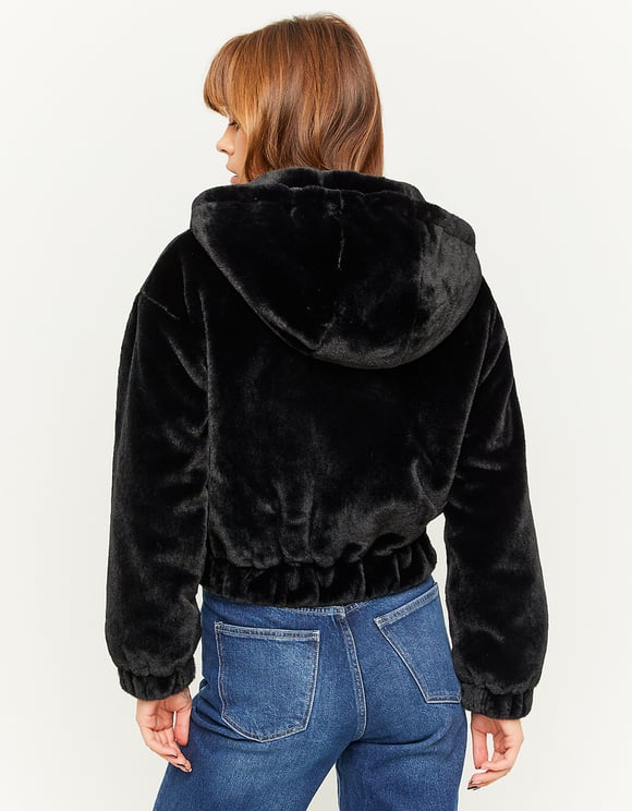 Ladies Black Faux Fur Jacket-Model Back View