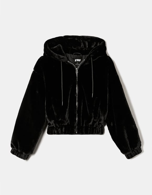 Ladies Black Faux Fur Jacket-Front View