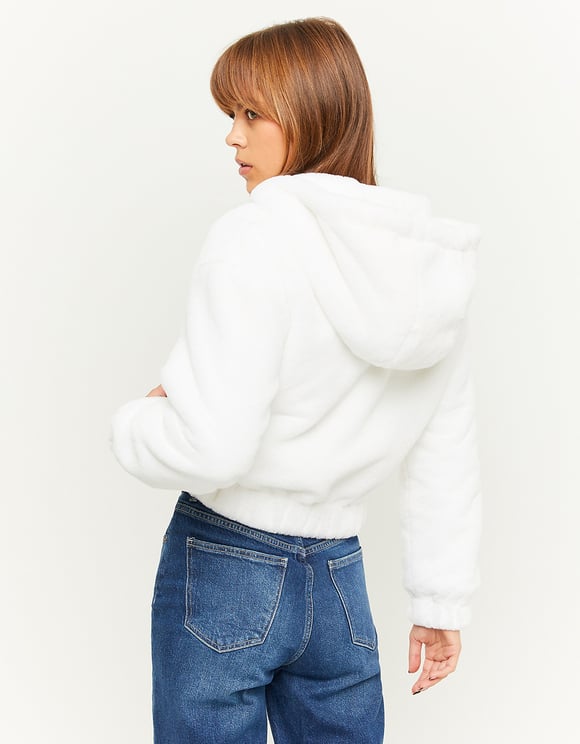 Ladies White Faux Fur Jacket-Model Back View