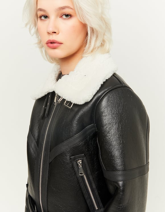 Ladies Black Faux Leather Aviator Jacket-Side View