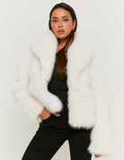Back model view of the white faux fur jacket