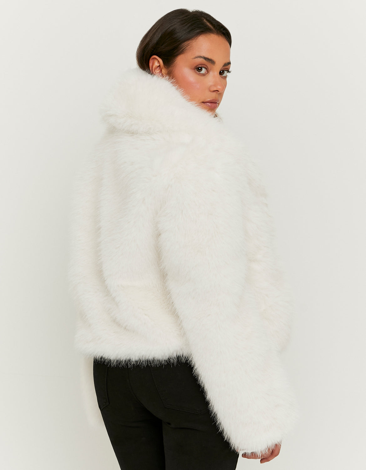 Back product view of the white faux fur jacket