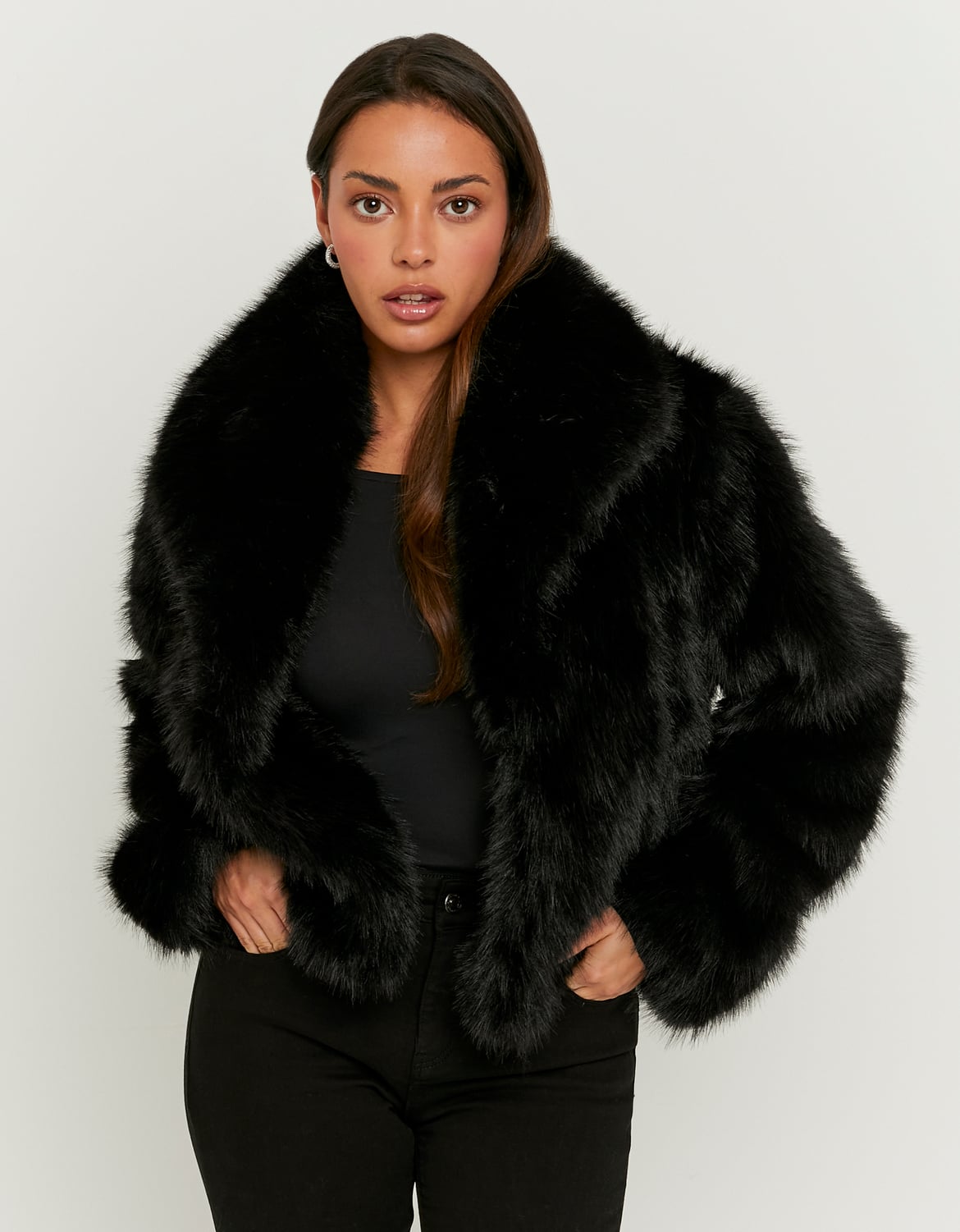 Ladies Black Faux Fur Jacket-Model Front View 2