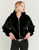 Front close-up of women's black faux fur jacket