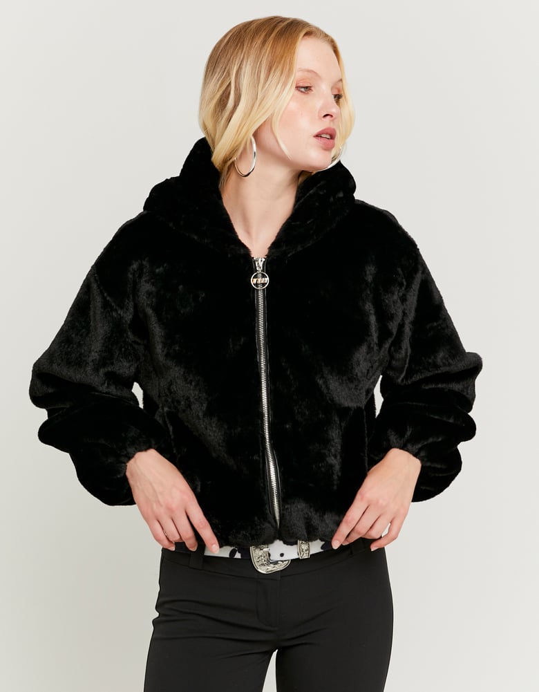 Front close-up of women's black faux fur jacket
