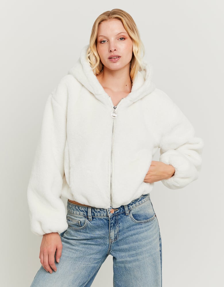 Ladies White Faux Fur Jacket-Front View of the Jacket