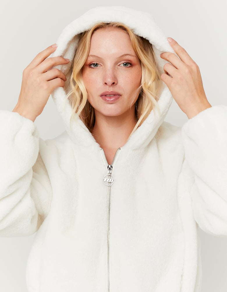 Ladies White Faux Fur Jacket-Close Up View of Jacket & Hood